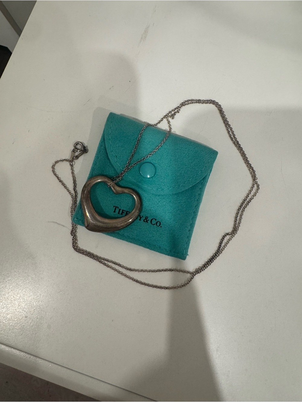 Tiffany & Co. Silver Open Heart Pendant Necklace with Blue Pouch
